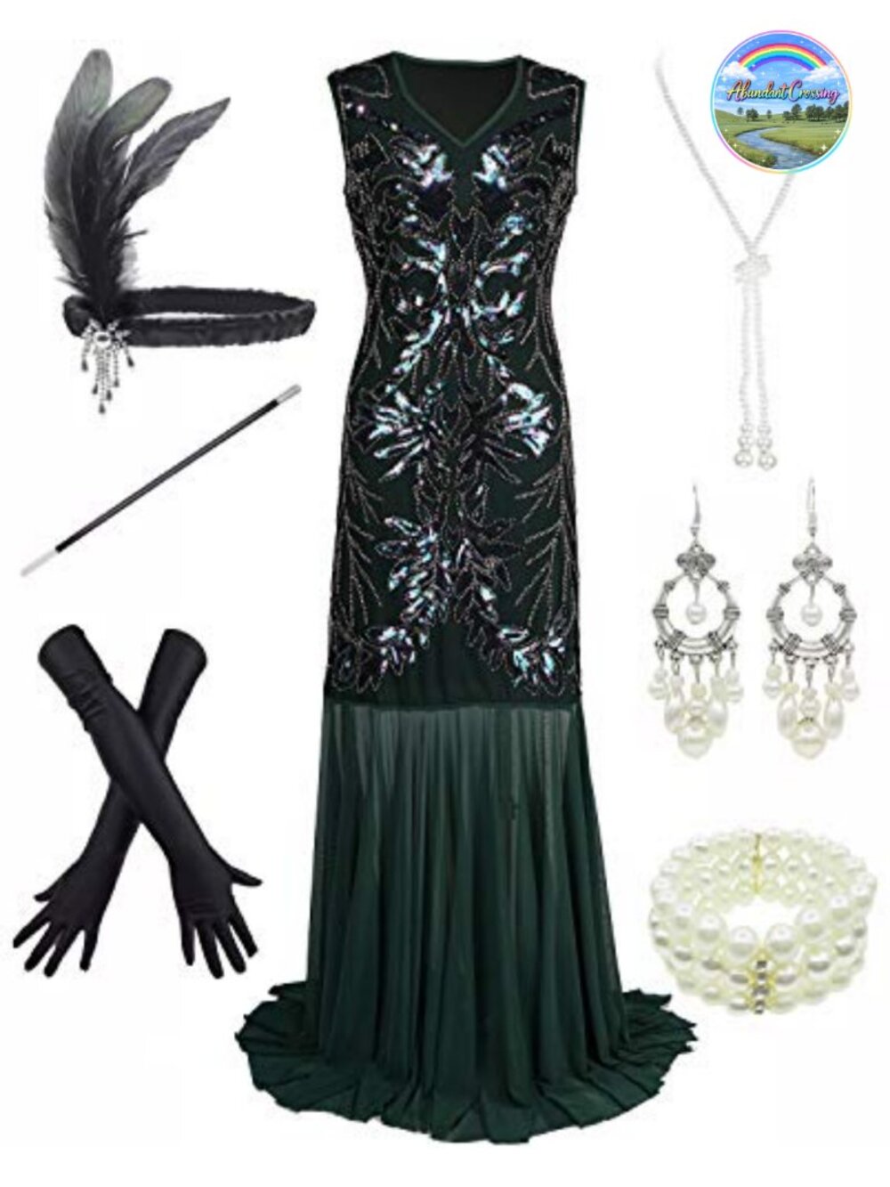 1920s Flapper Sequin Dress Set with Satin Gloves Headband Pear Jewelry Costume